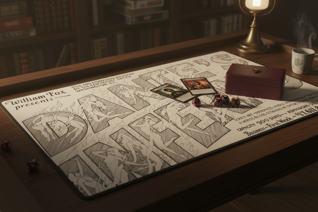 The Descent — Dante's Inferno TCG Playmat on a gaming table with cards, dice, and a deck box in moody warm lighting