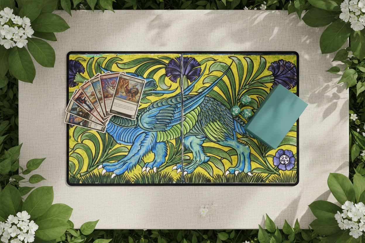 The Verdant Wyrm dragon floral TCG playmat on cream linen table with trading cards, teal deck box and jade dice in bright conservatory light