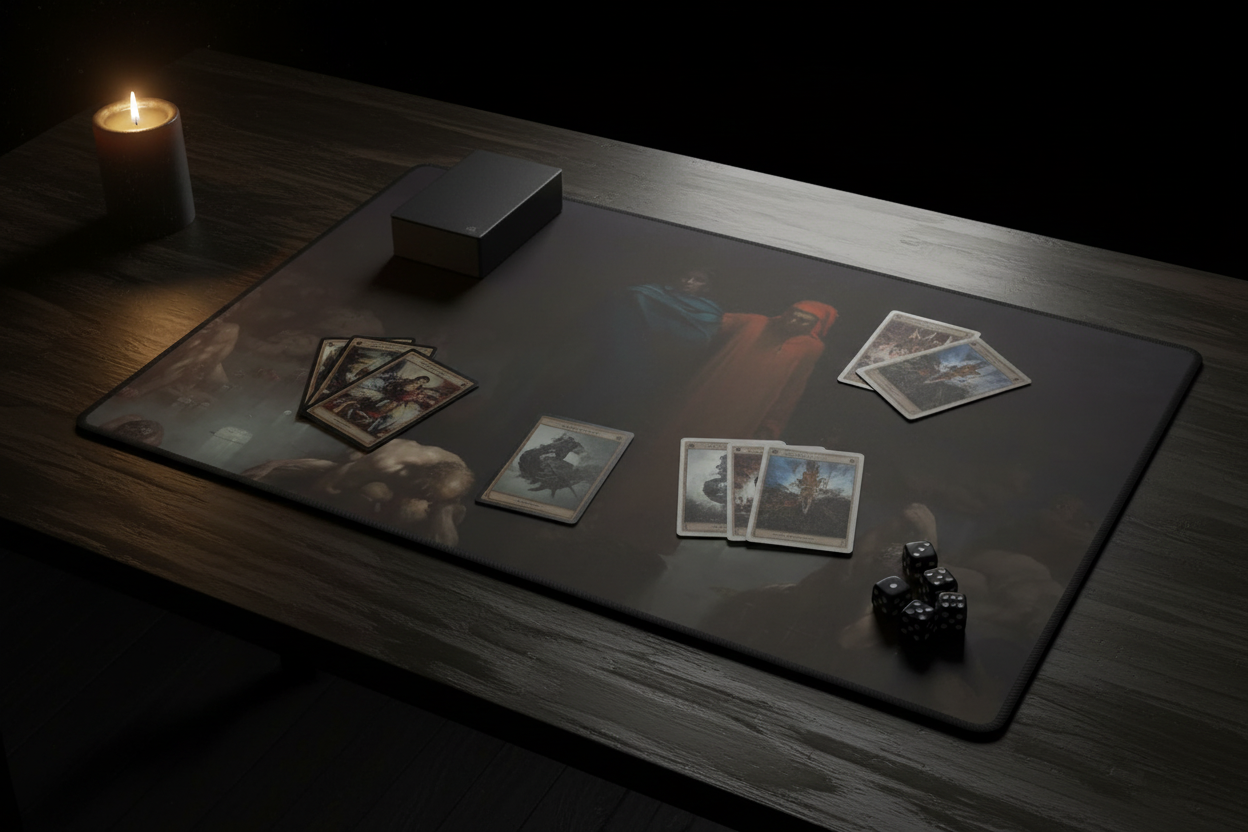 The Cloaked Descent Dante's Inferno TCG playmat on ebony table lit by a single candle in near-total darkness