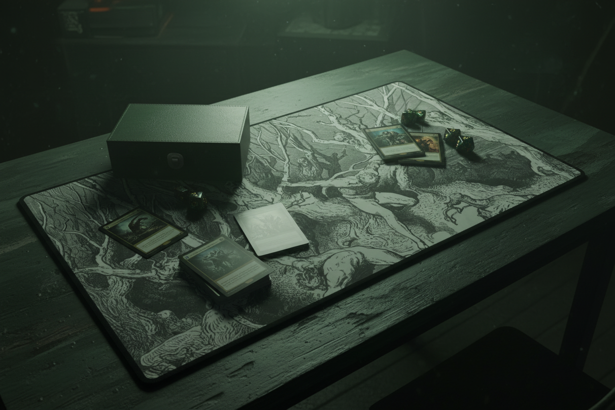 The Twisted Wood Gustave Doré witches forest TCG playmat on mossy table in eerie green forest dusk light