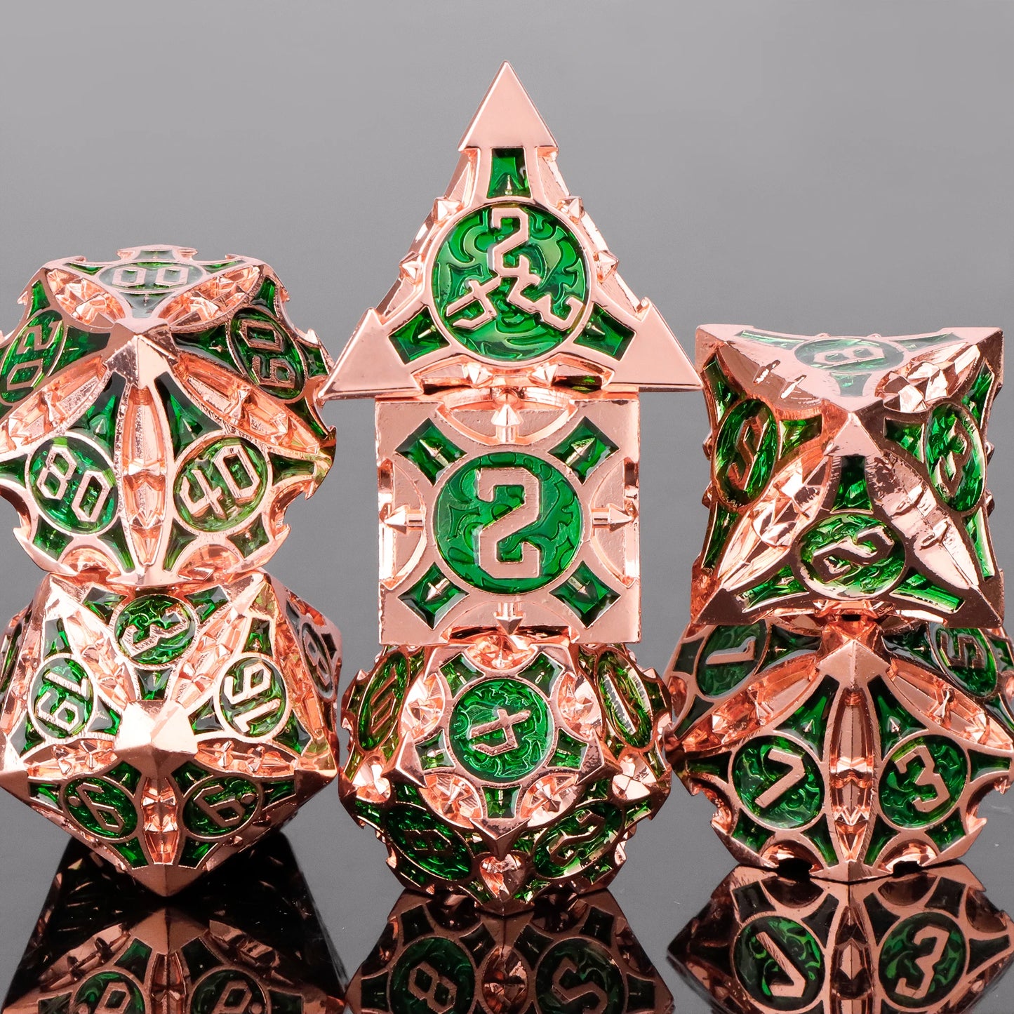 7pc Metal Polyhedral Dice Set -- DnD and RPG Dice in Green
