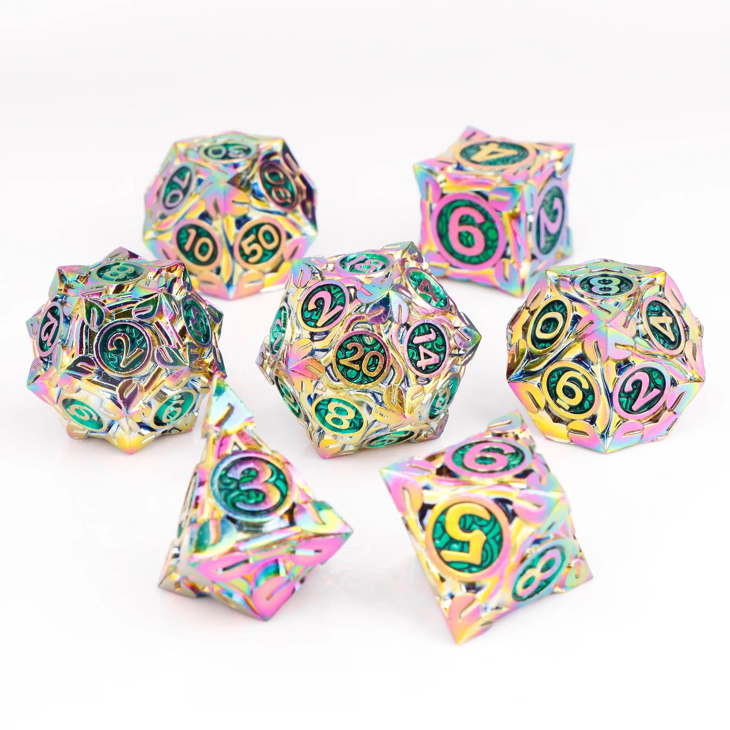 7pc Metal Polyhedral Dice Set -- DnD and RPG Dice in Green