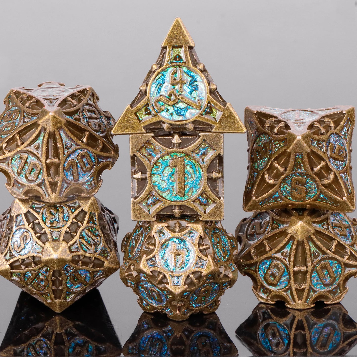 7pc Metal Polyhedral Dice Set -- DnD and RPG Dice in Green