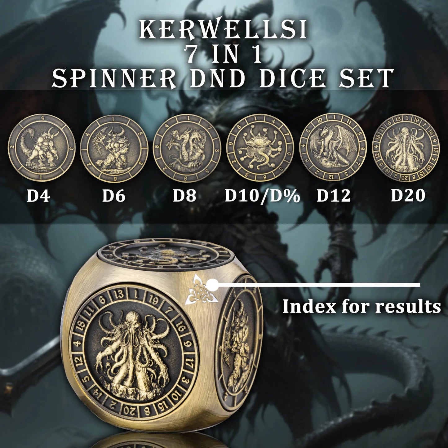 7-in-1 Dragon Dice Spinner -- 3D Relief Metal D6 for DnD