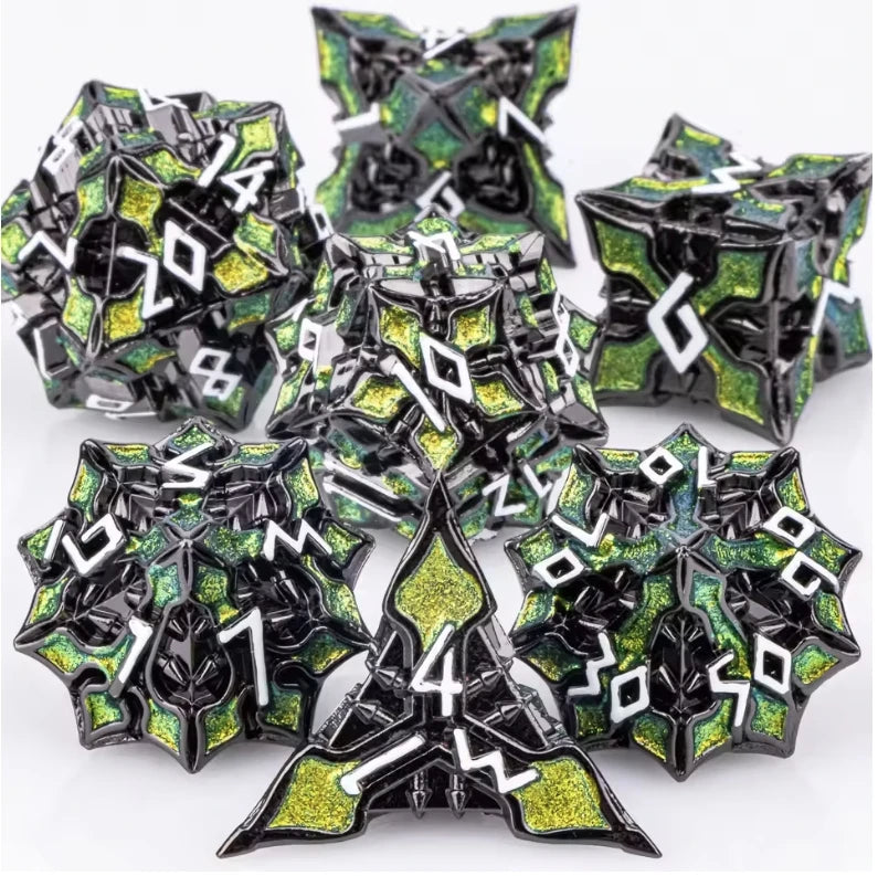 7pc Metal Polyhedral Dice Set -- DnD and RPG Dice in Green