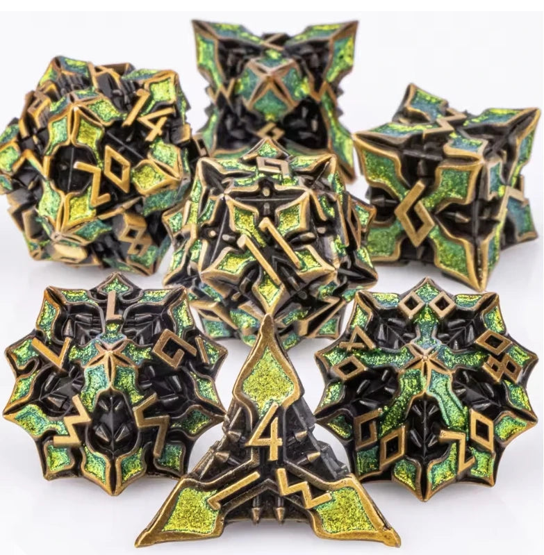 7pc Metal Polyhedral Dice Set -- DnD and RPG Dice in Green