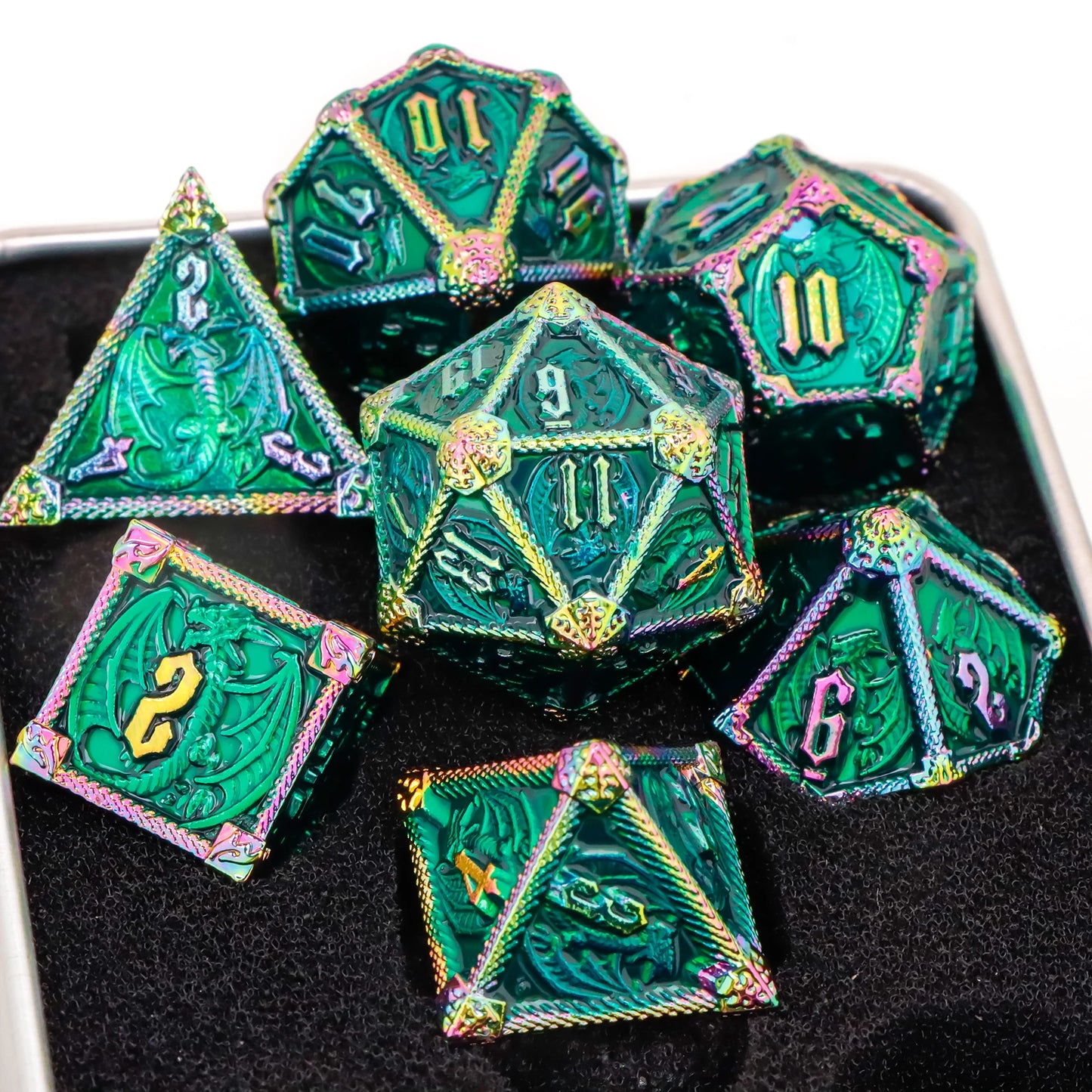 7pc Metal Polyhedral Dice Set -- DnD and RPG Dice in Green