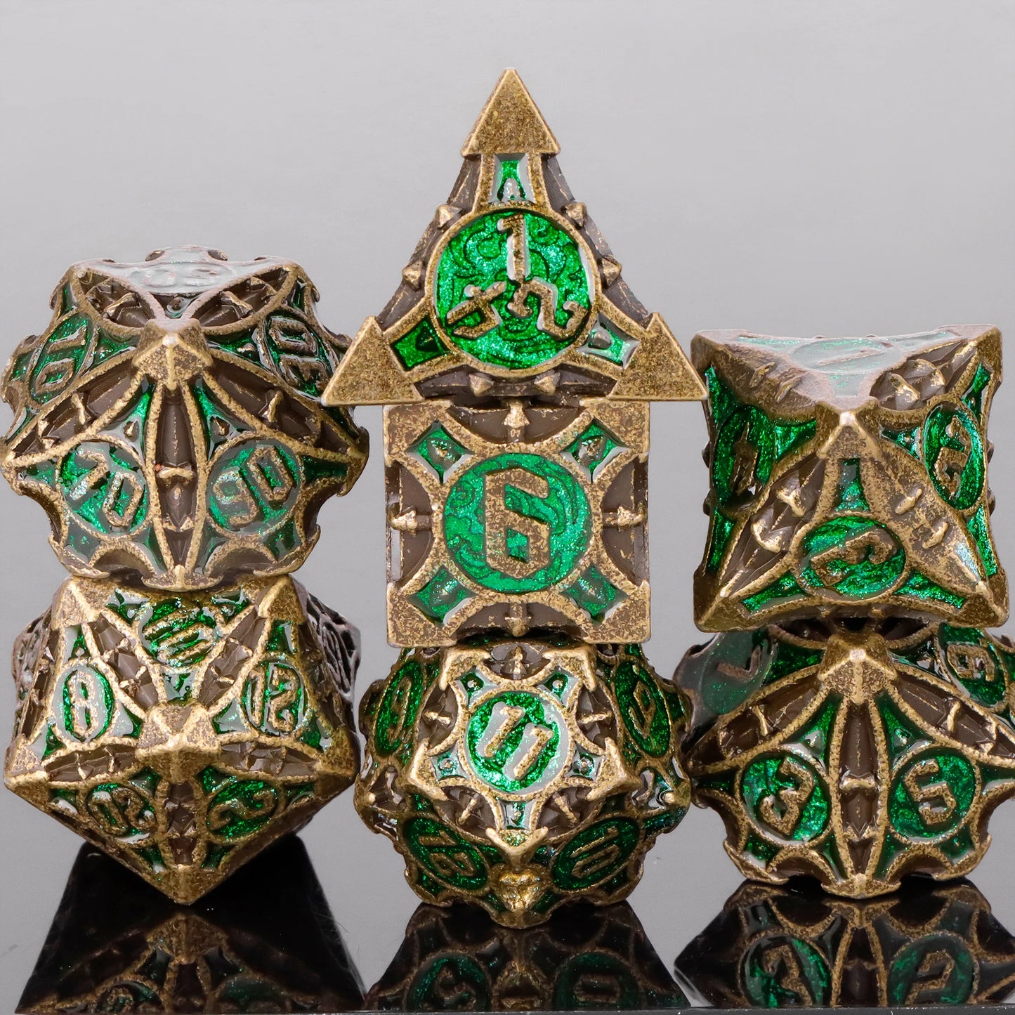 7pc Metal Polyhedral Dice Set -- DnD and RPG Dice in Green