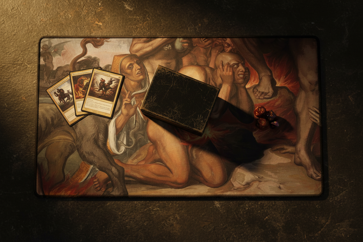 The Baroque Hellscape TCG playmat on a dark stone table with trading cards and dice in intense candlelight