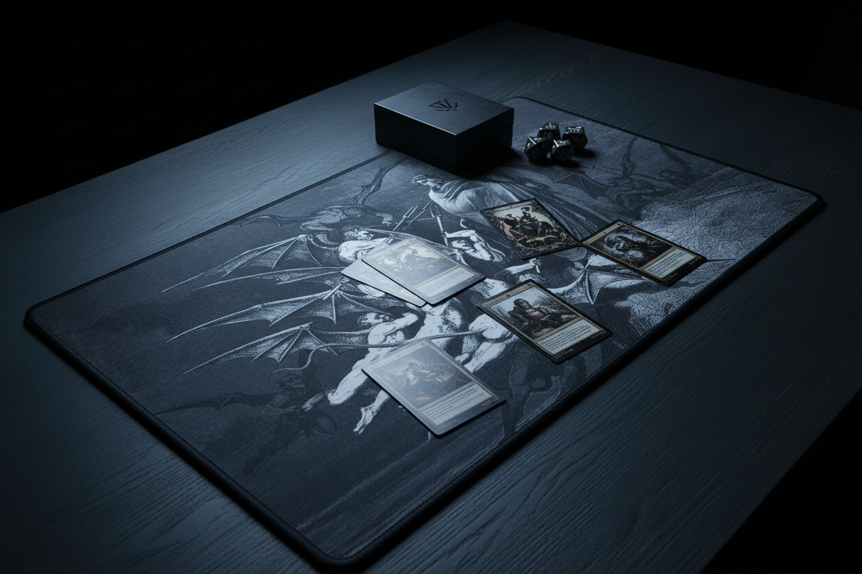 The Fallen Host Dante's Inferno winged figures TCG playmat on dark table in stormy blue-grey lightning light
