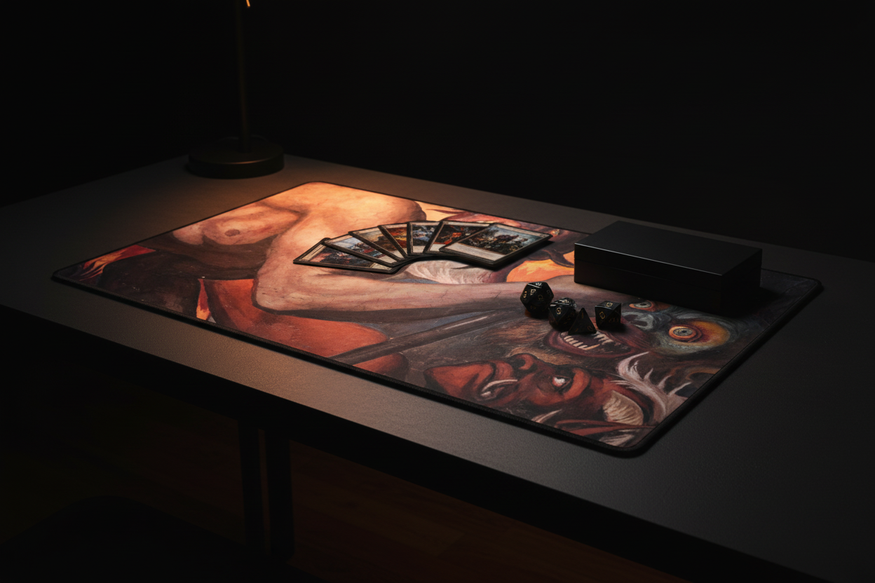 The Infernal Clash gothic demon battle TCG playmat with fiery orange underlighting and dark metal dice