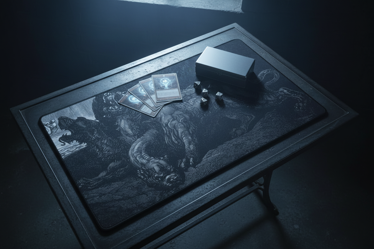 The Sovereign Beast gothic griffin TCG playmat on iron-grey table with silver dice in cold moonlight blue-white light