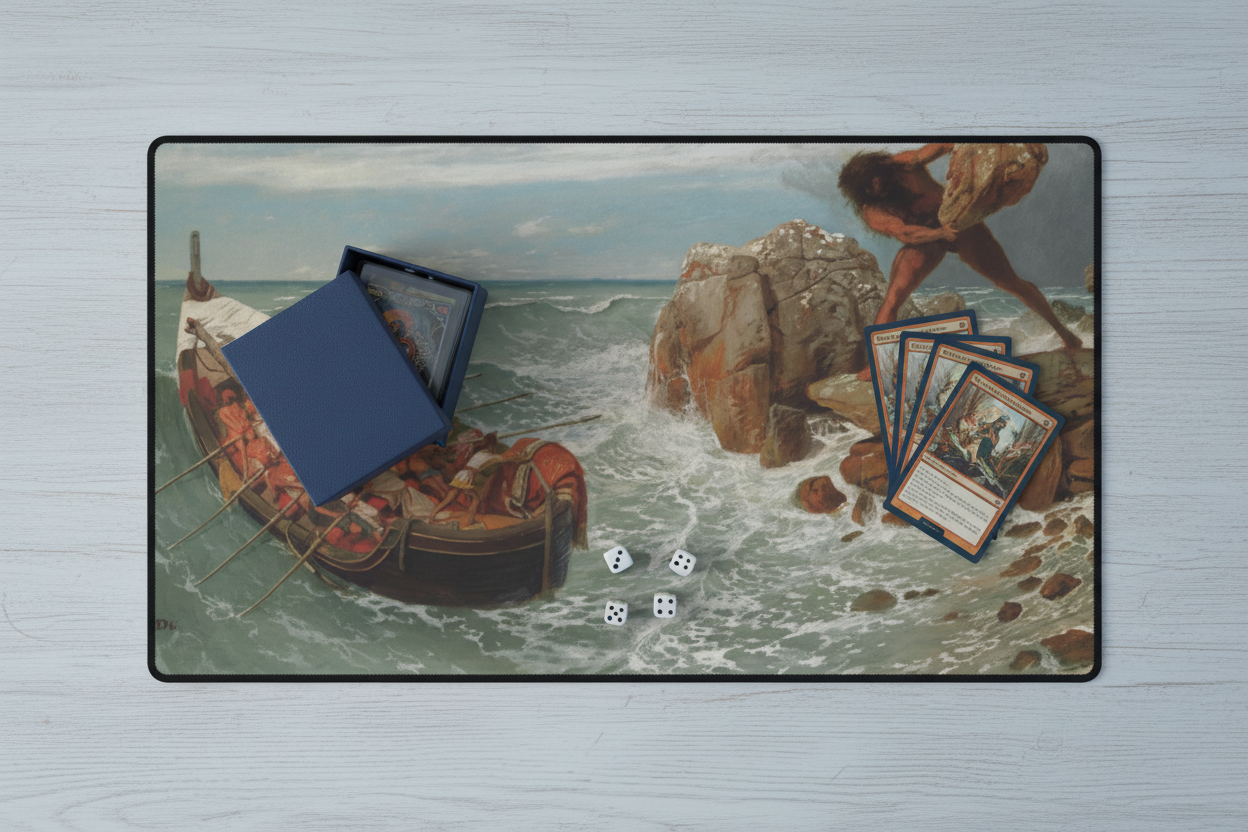 The Maritime Omen vintage coastal TCG playmat on driftwood table with navy deck box in cool coastal morning light