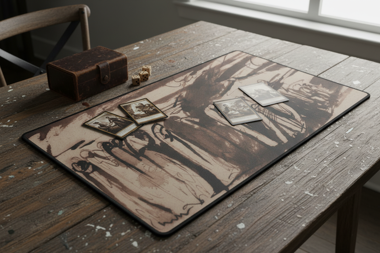 The Gathering Storm sepia crowd TCG playmat on a weathered wooden table in soft overcast natural light