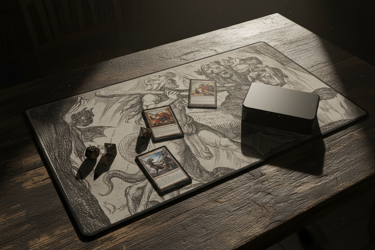 The Iron Duel TCG playmat on a dark wooden table with trading cards, deck box and dice in dramatic lamplight