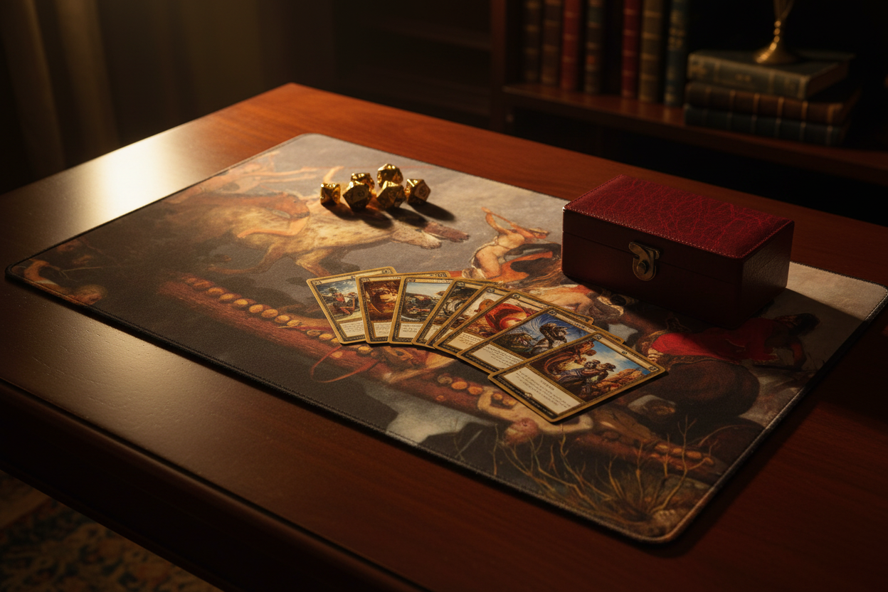 The Iron Charge Baroque battle horsemen TCG playmat on dark mahogany table with gold dice in dramatic chandelier light