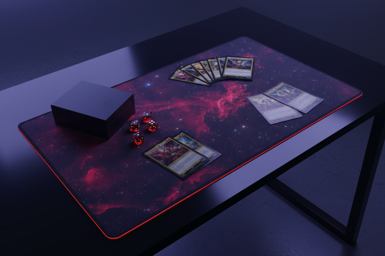 The Crimson Void red nebula TCG playmat on black table with trading cards, deck box and red dice in blue-purple gaming room glow