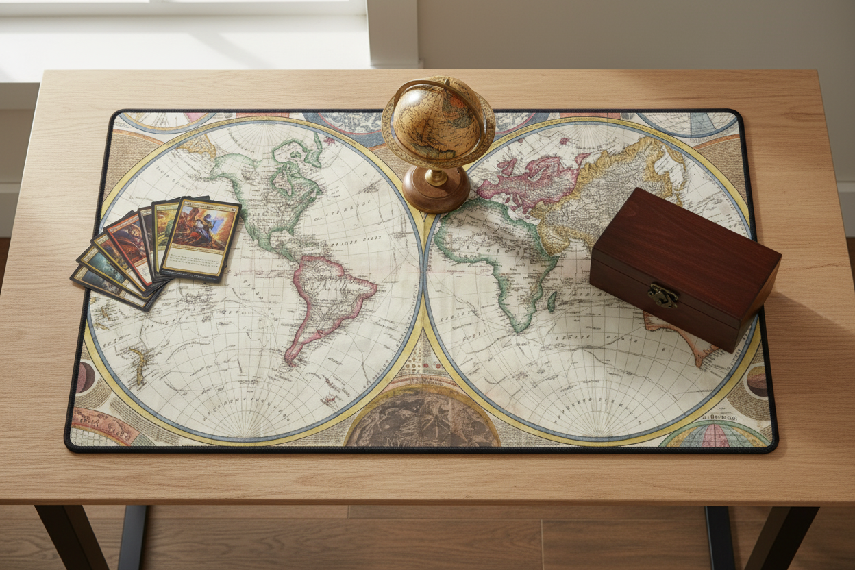 The Known World vintage map TCG playmat on a light oak desk with trading cards and compass in natural daylight