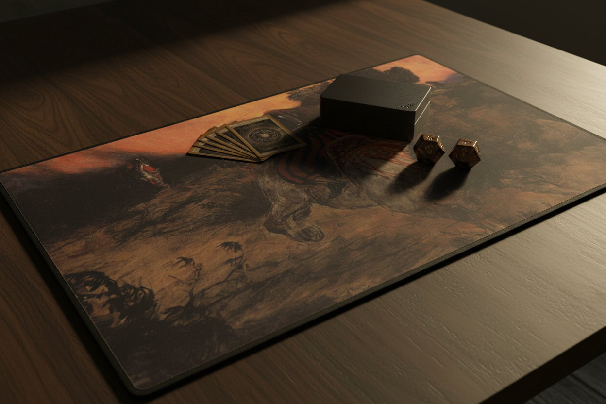 The Dusk Omen vintage mythic scene TCG playmat on a dark walnut table in warm golden hour amber light