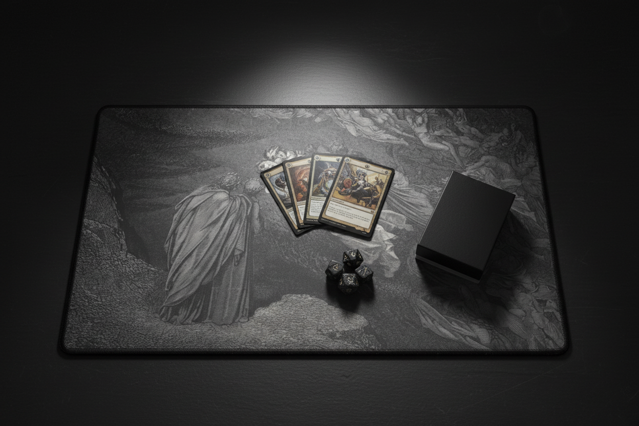 The Pilgrim's Weight Dante illustration TCG playmat on dark slate table under a single museum spotlight